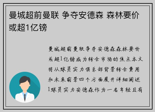 曼城超前曼联 争夺安德森 森林要价或超1亿镑